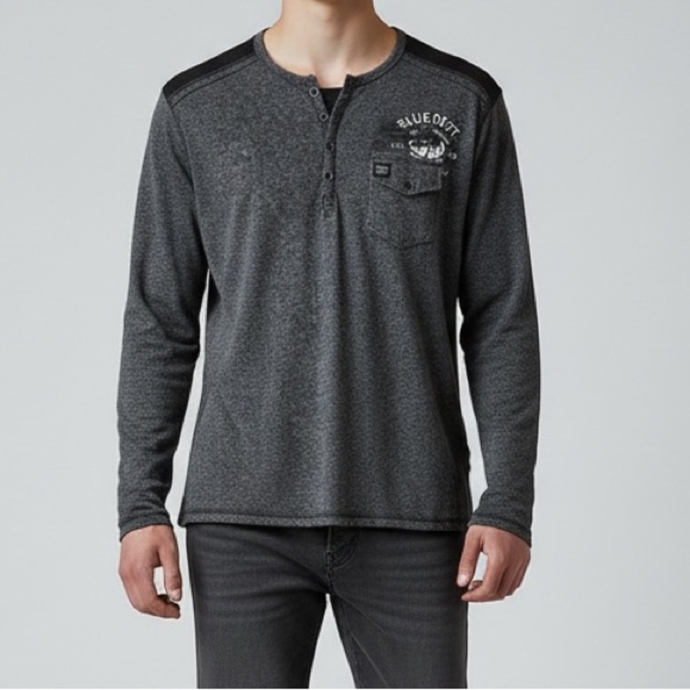Private Member Long Sleeve Henley T-Shirt Grey Black Size Medium